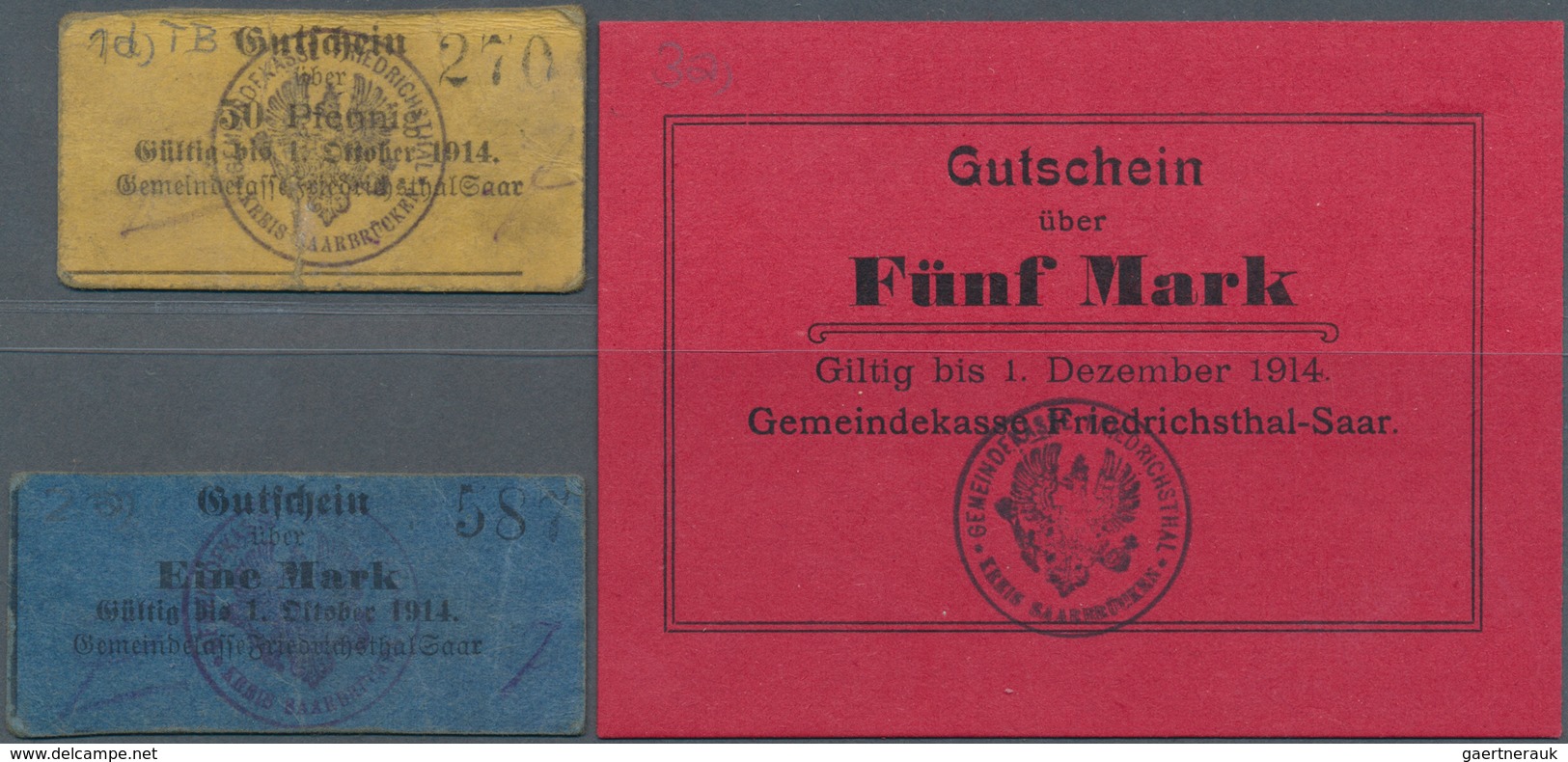 Deutschland - Notgeld - Saarland: Friedrichsthal, Gemeindekasse, 50 Pf., 1 Mark, O. D. - 1.10.1914, - [ 8] Saarland