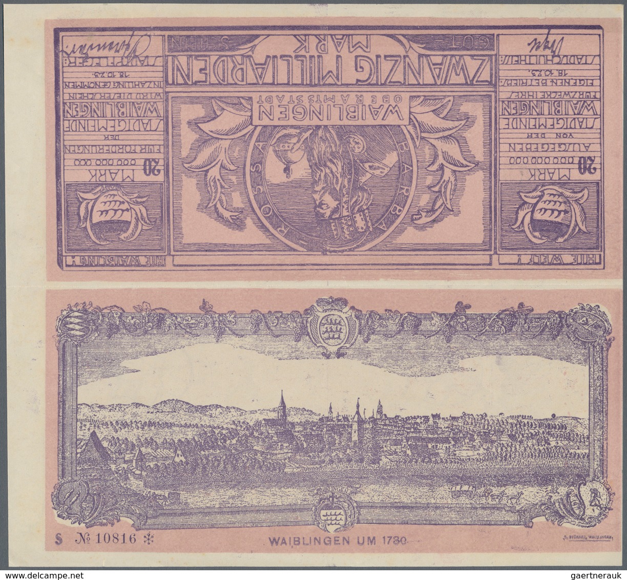 Deutschland - Notgeld - Württemberg: Waiblingen, Stadtgemeinde, 20 Mrd. Mark, 18.10.1923, Mit Druckf - [11] Emisiones Locales