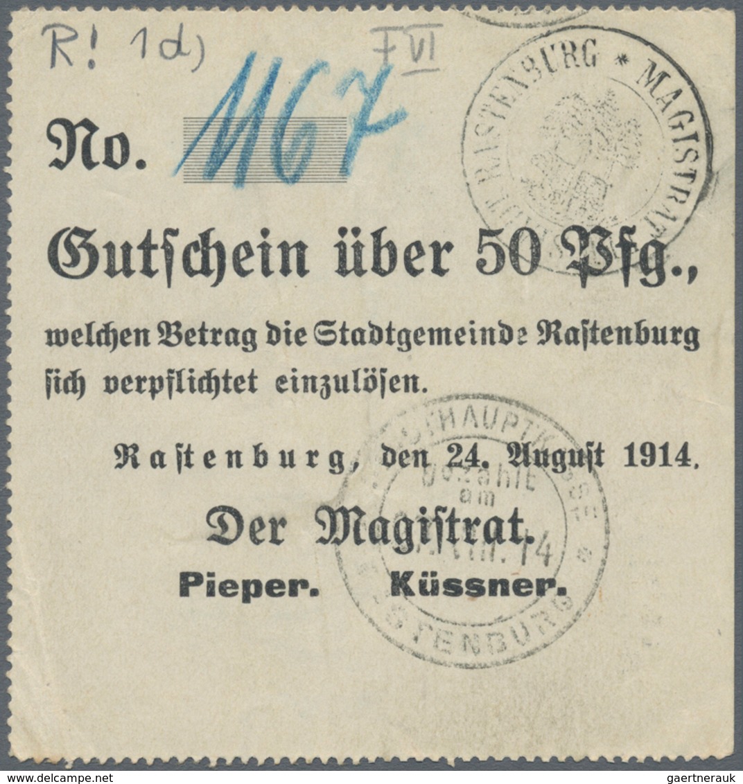 Deutschland - Notgeld - Ehemalige Ostgebiete: Rastenburg, Ostpreußen, Magistrat, 17 X 50 Pf., 7 X 1 - Otros & Sin Clasificación