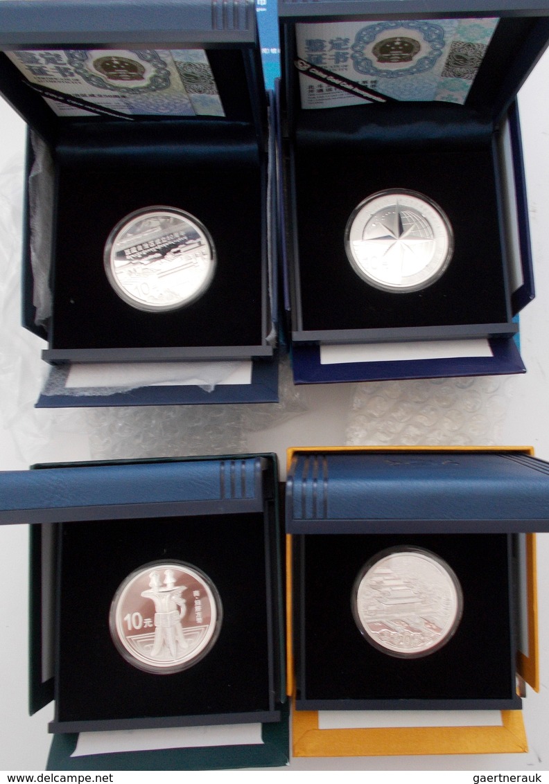 China - Volksrepublik: Lot 6 Silbermünzen Polierte Platte, Dabei: 2 X 10 Yuan 2015 Tibet (1 OZ), 2 X - China