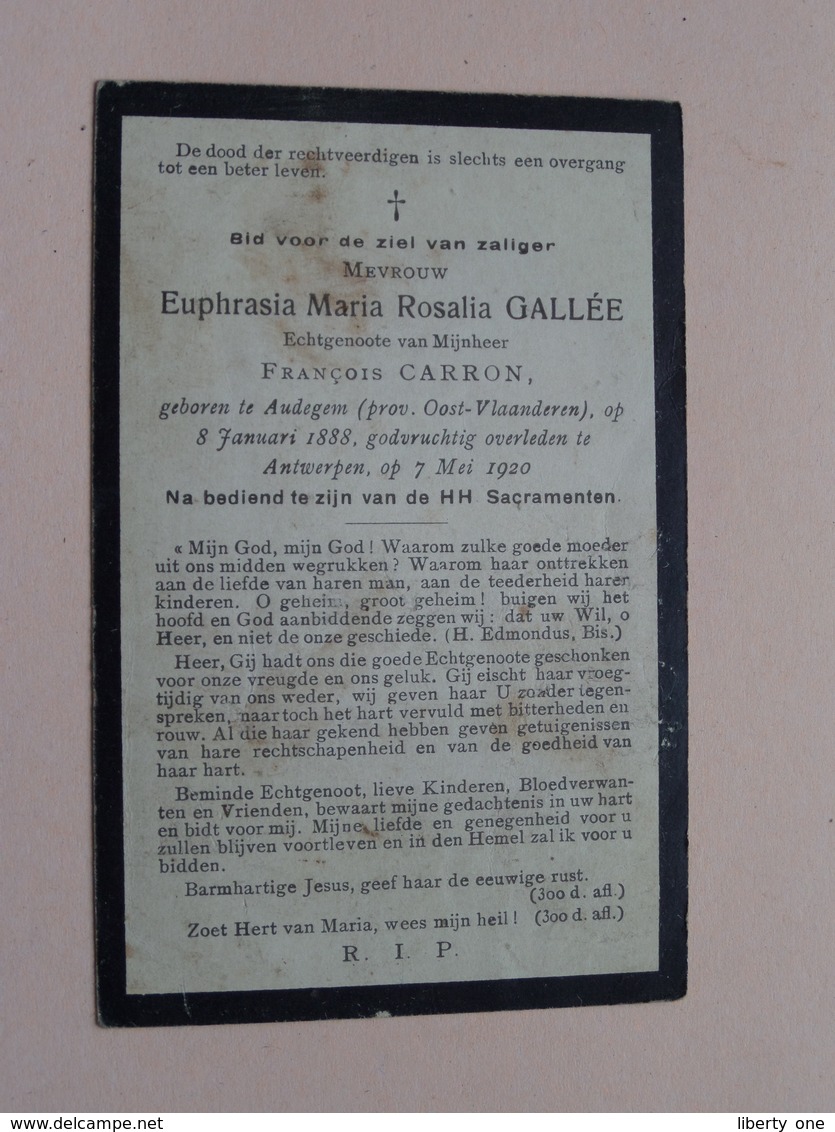 DP Euphrasia Gallée ( François CARRON ) Audegem 8 Jan 1888 - Antwerpen 7 Mei 1920 ( Zie Foto's ) ! - Décès