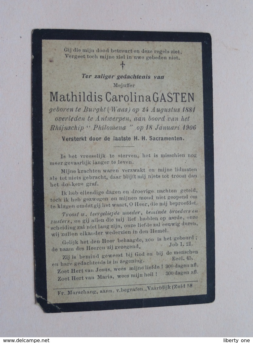 DP Mathildis GASTEN () Burght (Waas) 24 Aug 1881 - Antwerpen Rhijnschip " Philomena " 18 Jan 1906 ( Zie Foto's ) ! - Todesanzeige