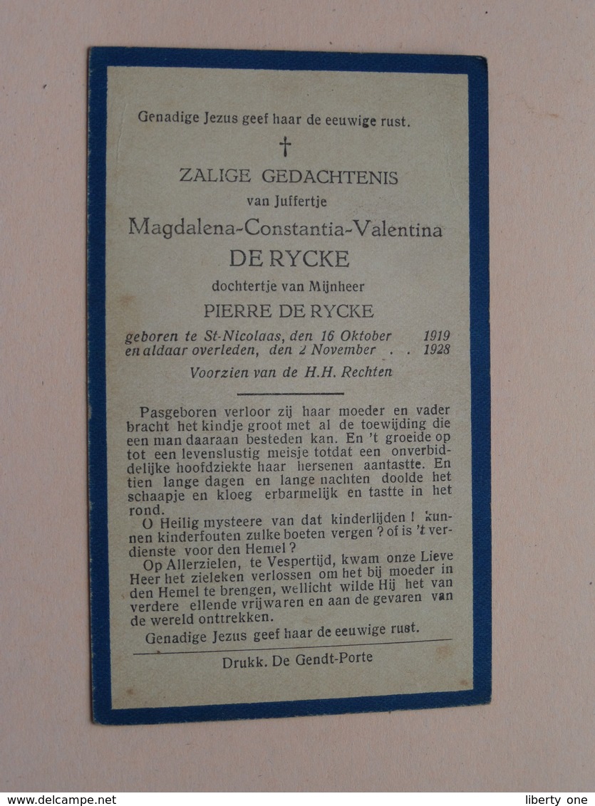 DP Magdalena DE RYCKE (Dochtertje Van PIERRE) St. Nicolaas 16 Okt 1919 - 2 Nov 1928 ( Zie Foto's ) ! - Obituary Notices