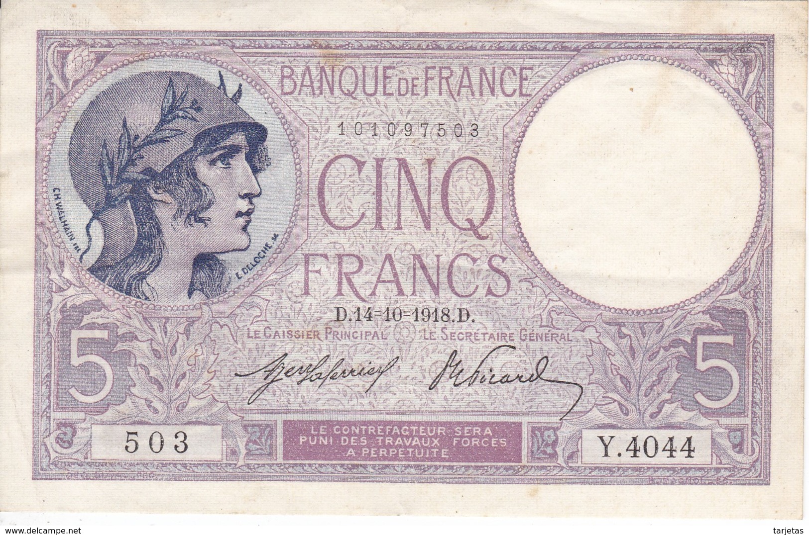 BILLETE DE FRANCIA DE 5 FRANCS DEL 14-10-1918 VIOLET  (BANKNOTE) - 5 F 1917-1940 ''Violet''