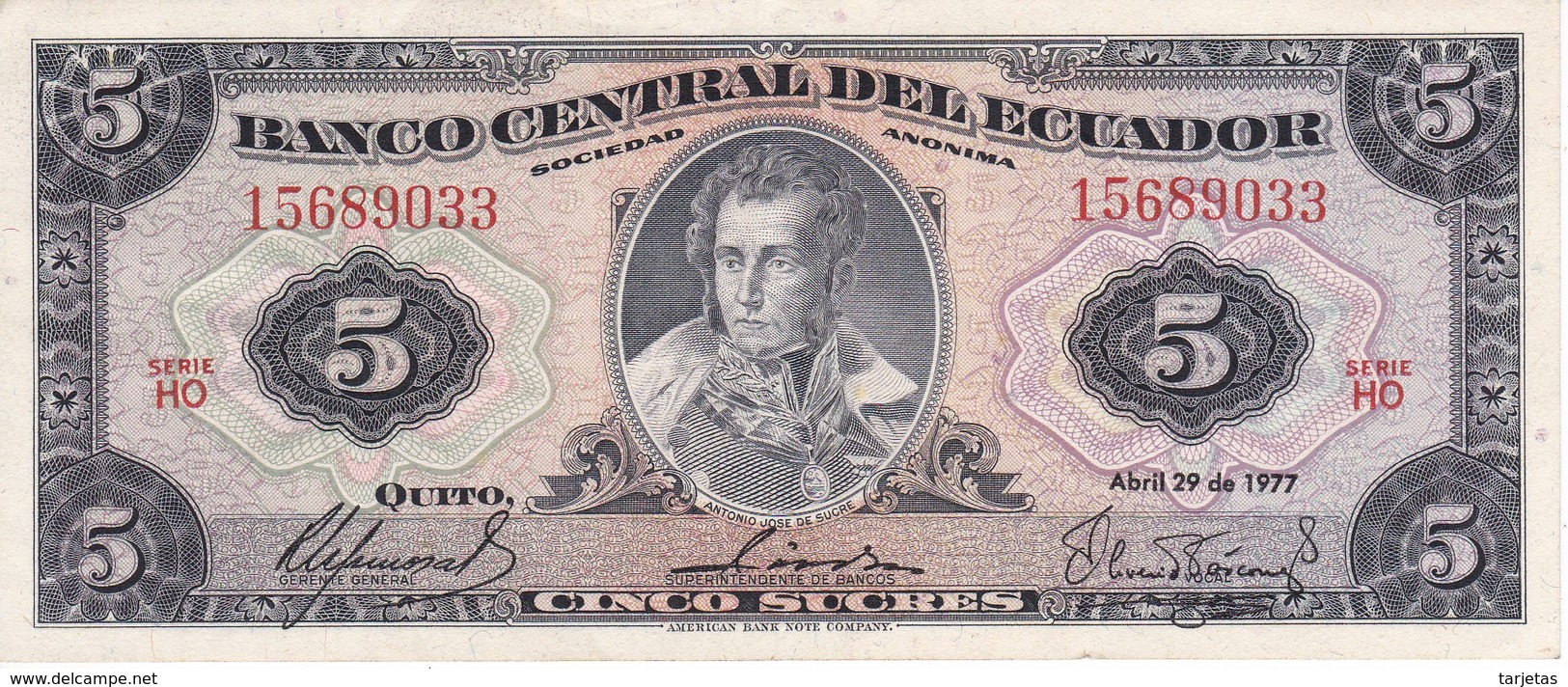 BILLETE DE ECUADOR DE 5 SUCRES DEL AÑO 1977 EN CALIDAD EBC (XF) (BANKNOTE) - Equateur