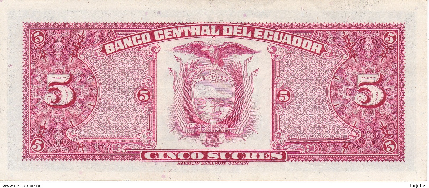 BILLETE DE ECUADOR DE 5 SUCRES DEL AÑO 1977 EN CALIDAD EBC (XF) (BANKNOTE) - Equateur