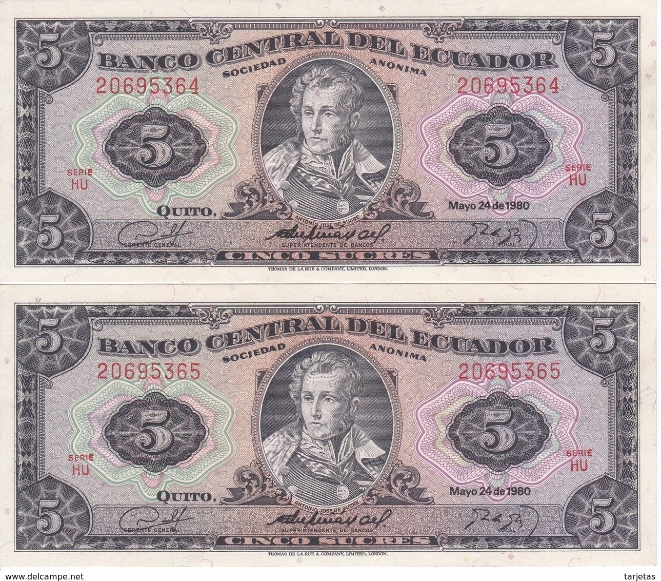 PAREJA CORRELATIVA DE ECUADOR DE 5 SUCRES DEL AÑO 1980 EN CALIDAD EBC (XF) (BANKNOTE) - Ecuador