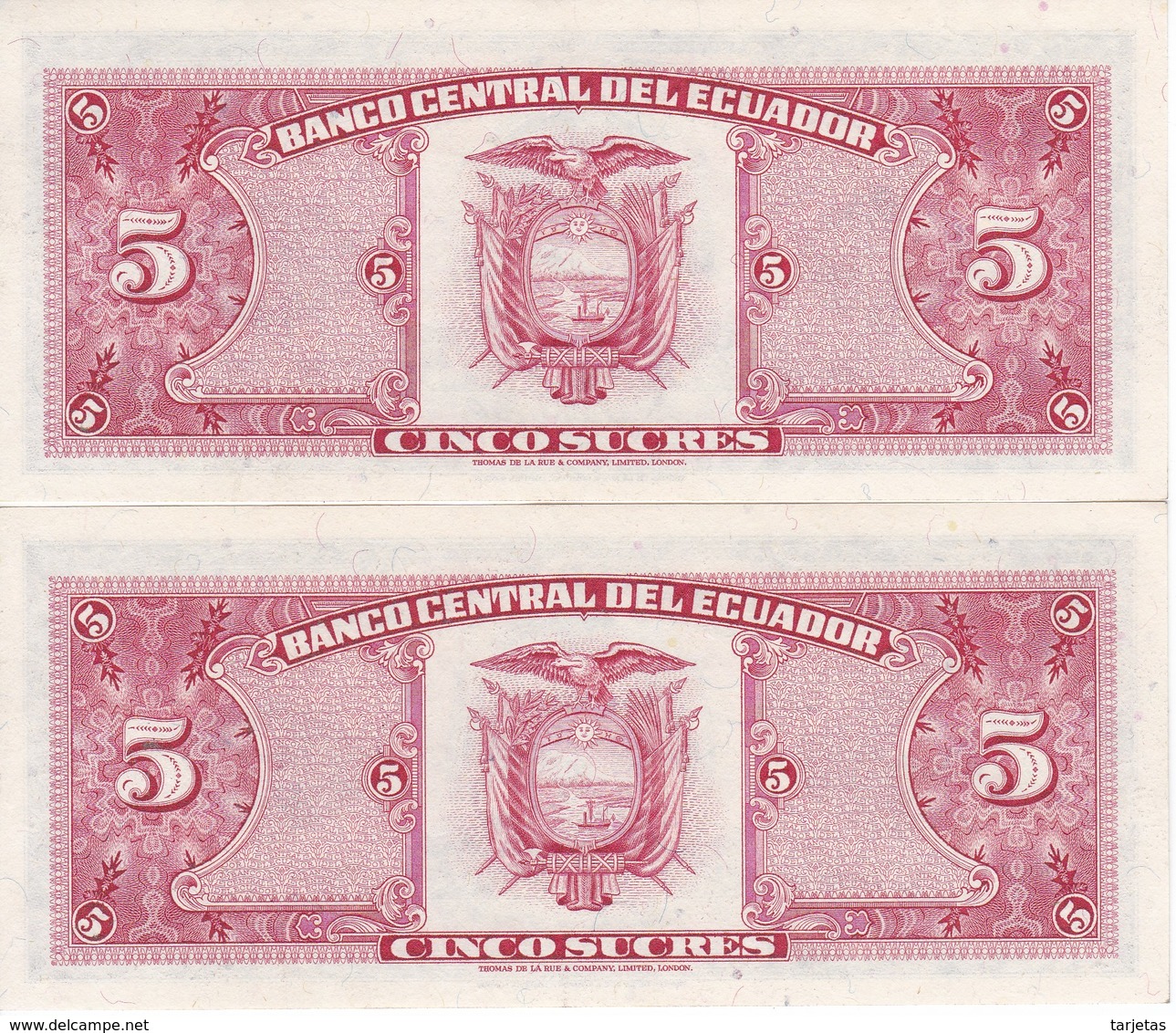 PAREJA CORRELATIVA DE ECUADOR DE 5 SUCRES DEL AÑO 1980 EN CALIDAD EBC (XF) (BANKNOTE) - Ecuador