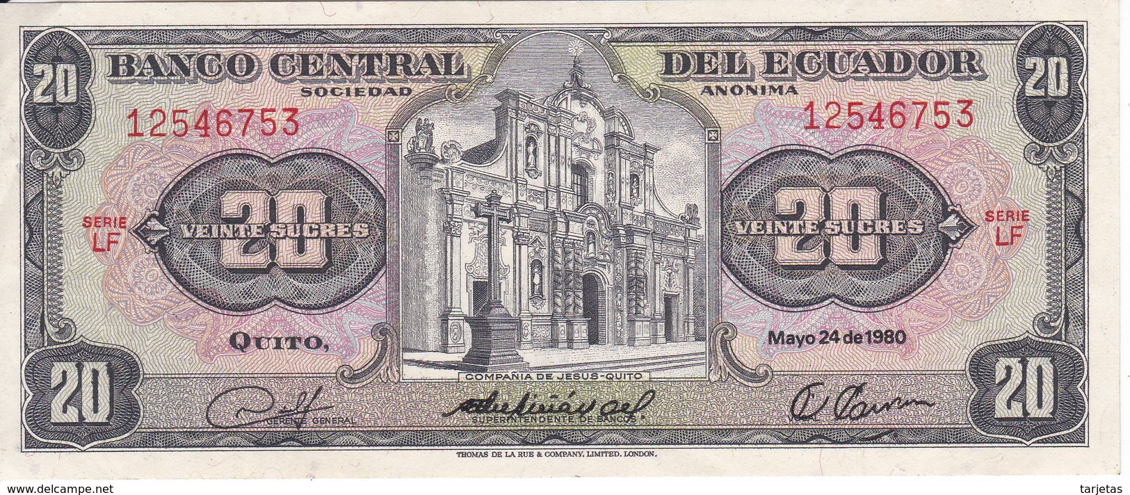 BILLETE DE ECUADOR DE 20 SUCRES DEL AÑO 1980 EN CALIDAD EBC (XF) (BANKNOTE) - Ecuador