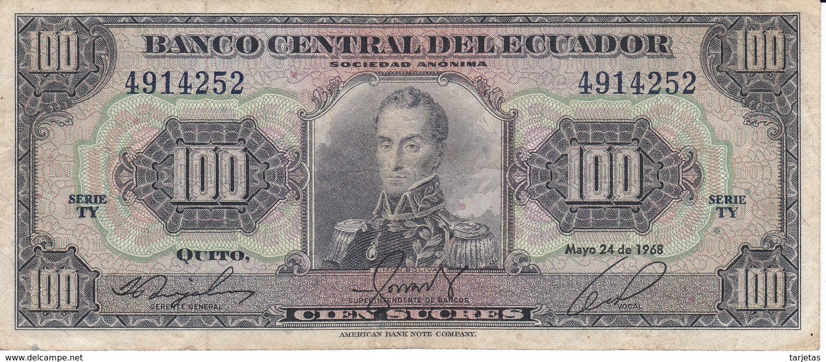 BILLETE DE ECUADOR DE 100 SUCRES DEL AÑO 1968 (BANKNOTE) - Equateur