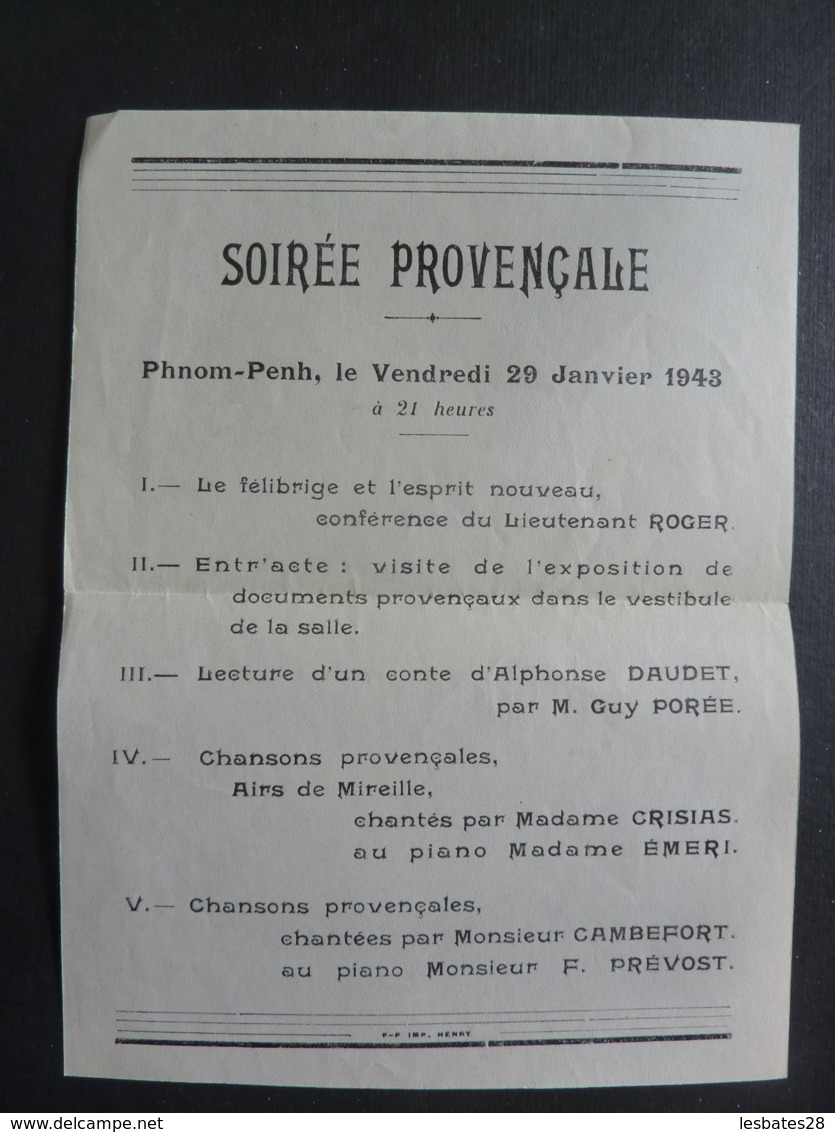 CAMBODGE KHNOM PENH -  SOIREE PROVENCALE   Janvier 1943 - Conférence Exposition Lecture Et Chansons  Clas 4 - Programmes