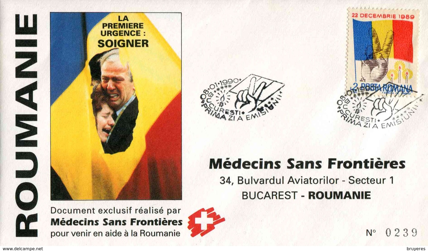 Timbre De 1990 De Roumanie "Changement De Régime Politique" Sur Env. Réalisée Par Médecins Sans Frontières - Covers & Documents