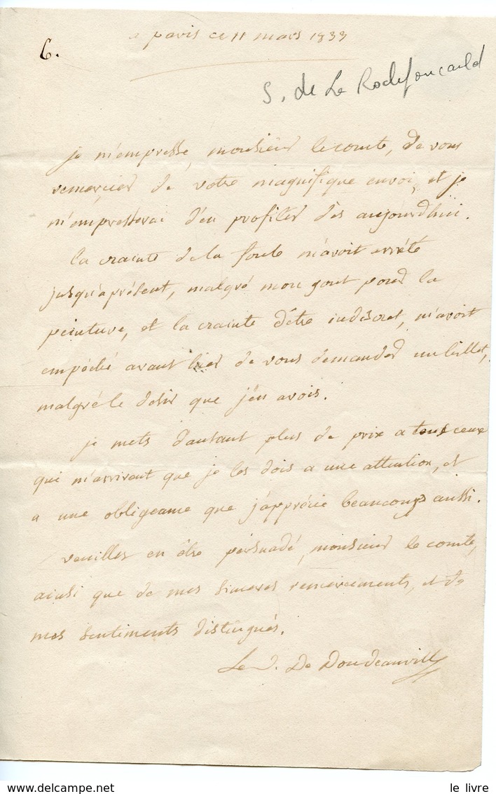 77. PROBABLE SOSTHENES DE LA ROCHEFOUCAULD. LAS 1833 SIGNEE DUC DE DOUDEAUVILLE ADRESSEE AU COMTE DE FORBIN (MUSEES) - Autres & Non Classés