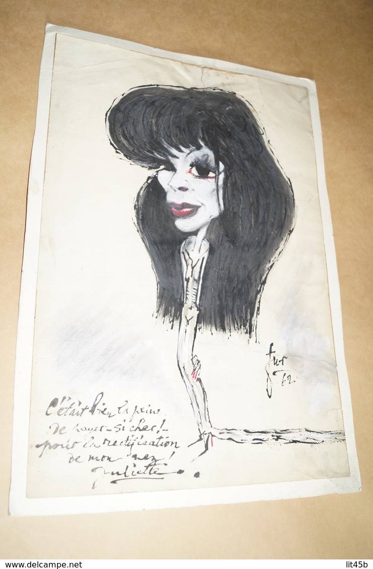 Superbe Ancien Dessin Aquarelle Originale,signé Fur,Juliette Greco ? 43 Cm. Sur 29 Cm.Reine Fabiola - Acuarelas