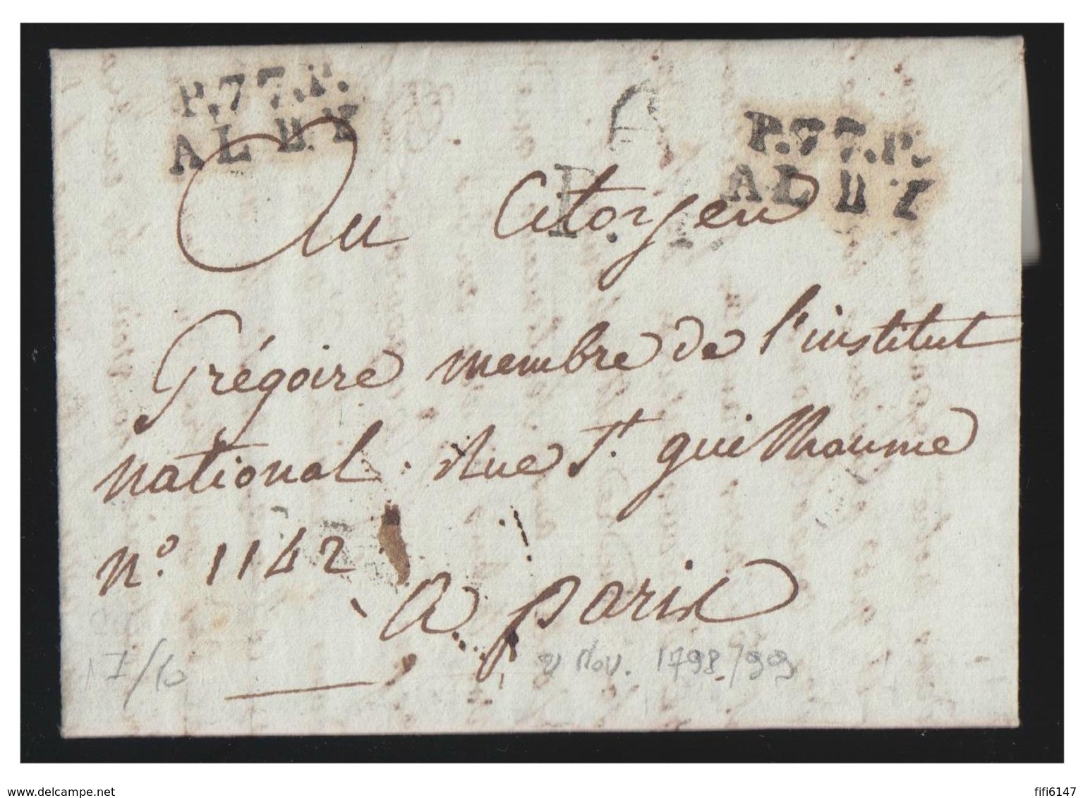 FRANCE --TARN -1798- PORT PAYE D'ALBI -"P.77.P./ALBY"- LETTRE POUR PARIS --"BONNET PHRYGIEN/ P.P." - 1701-1800: Vorläufer XVIII