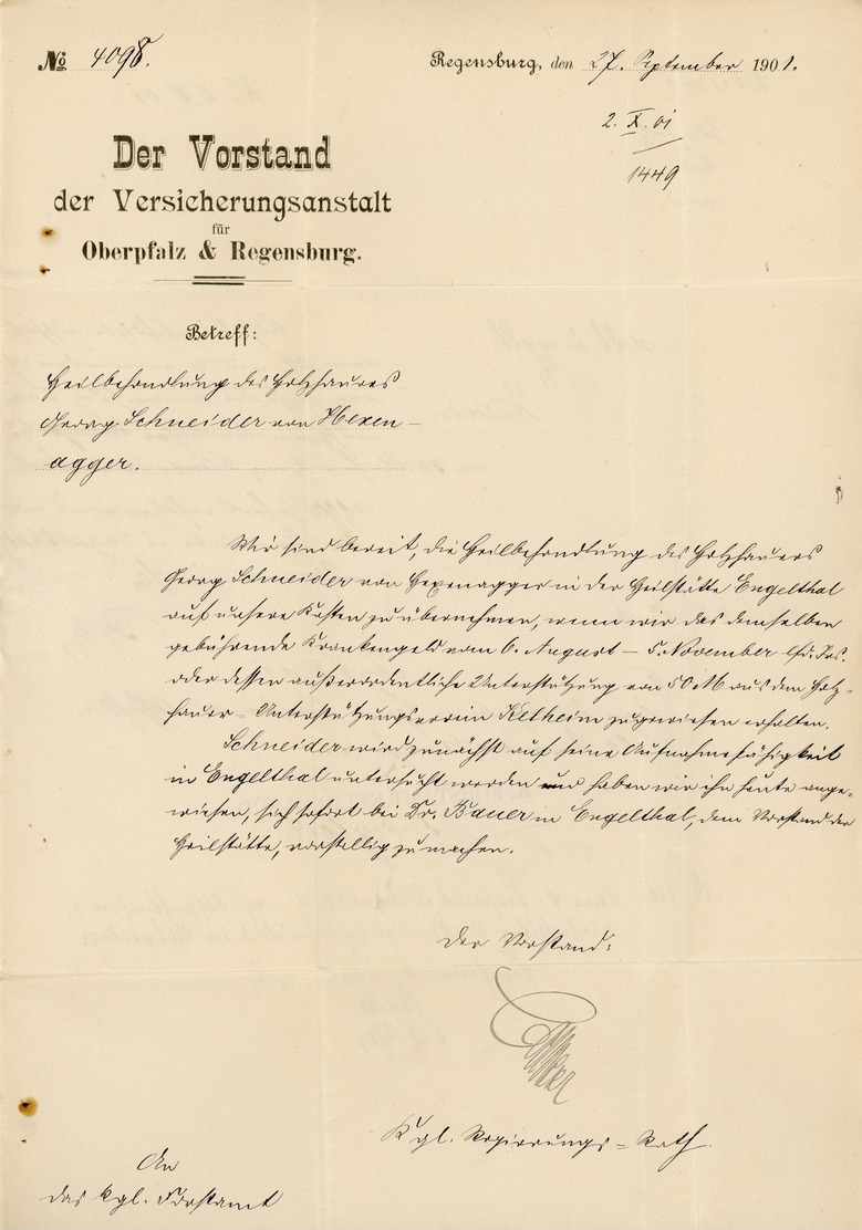 Reichs Sache 1901 "Vorstand Der Versicherungsanstalt Oberpfalz" Nach Kelkheim - Versicherungs Leistungen - Briefe U. Dokumente