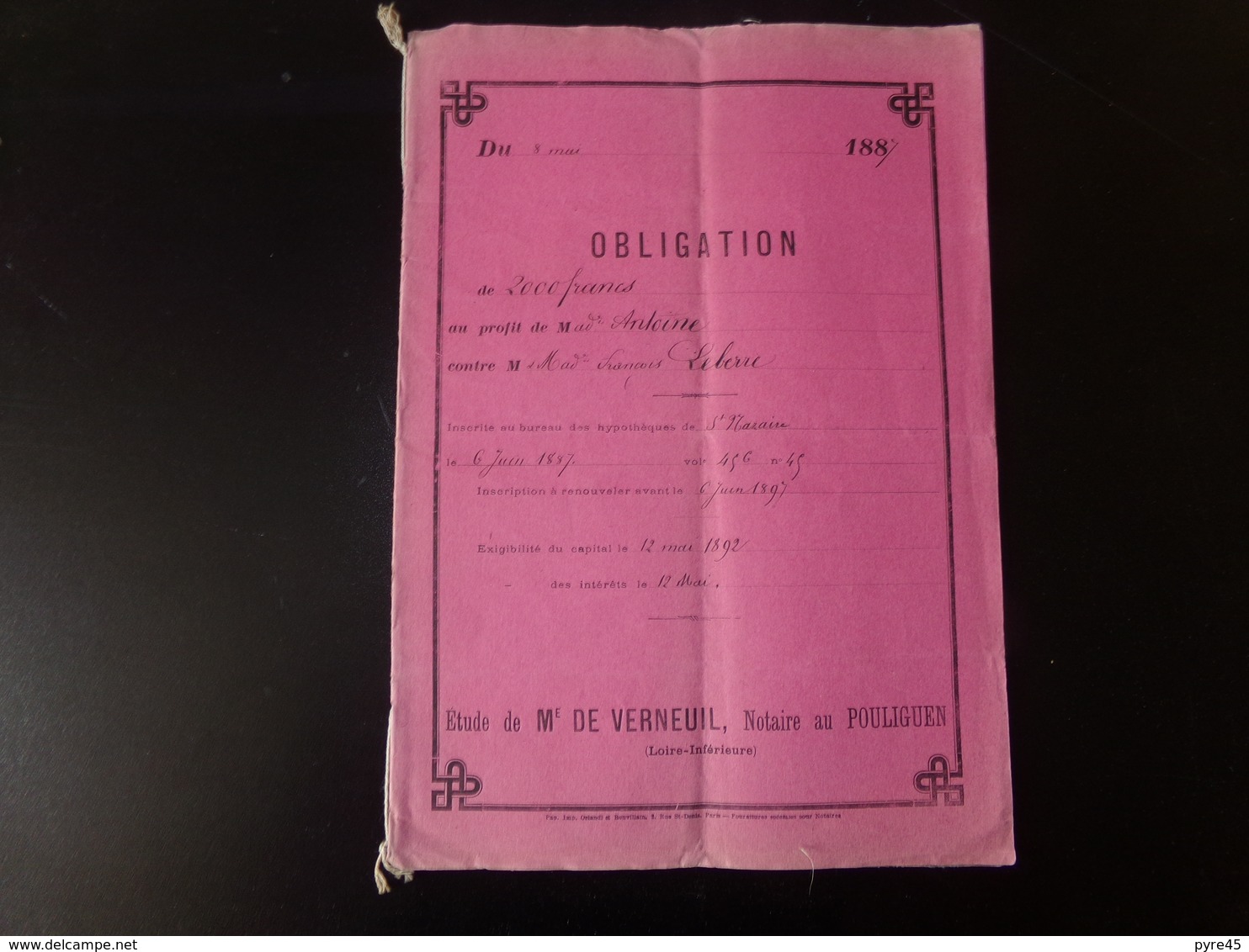 Acte Notarié Du 8 Mai 1887 Au Pouliguen Obligation - Manuscripts