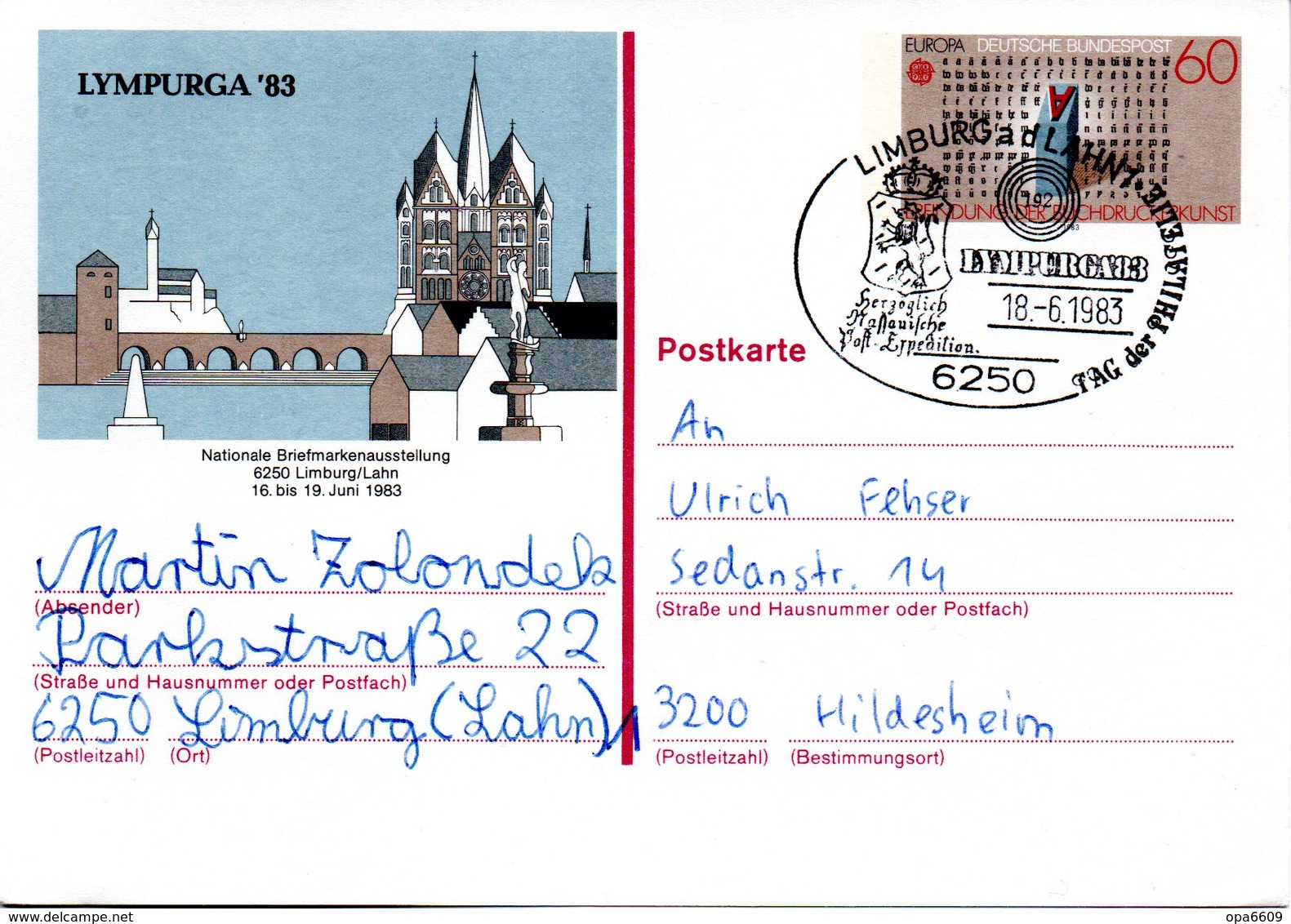 BRD Amtliche GZS-Sonderpostkarte PSo8 "LYMPURGA'83 In Limburg/Lahn" WSt "Europamarke 1983" 60(Pf), SSt 18.6.1986 LIMBURG - Postkarten - Gebraucht