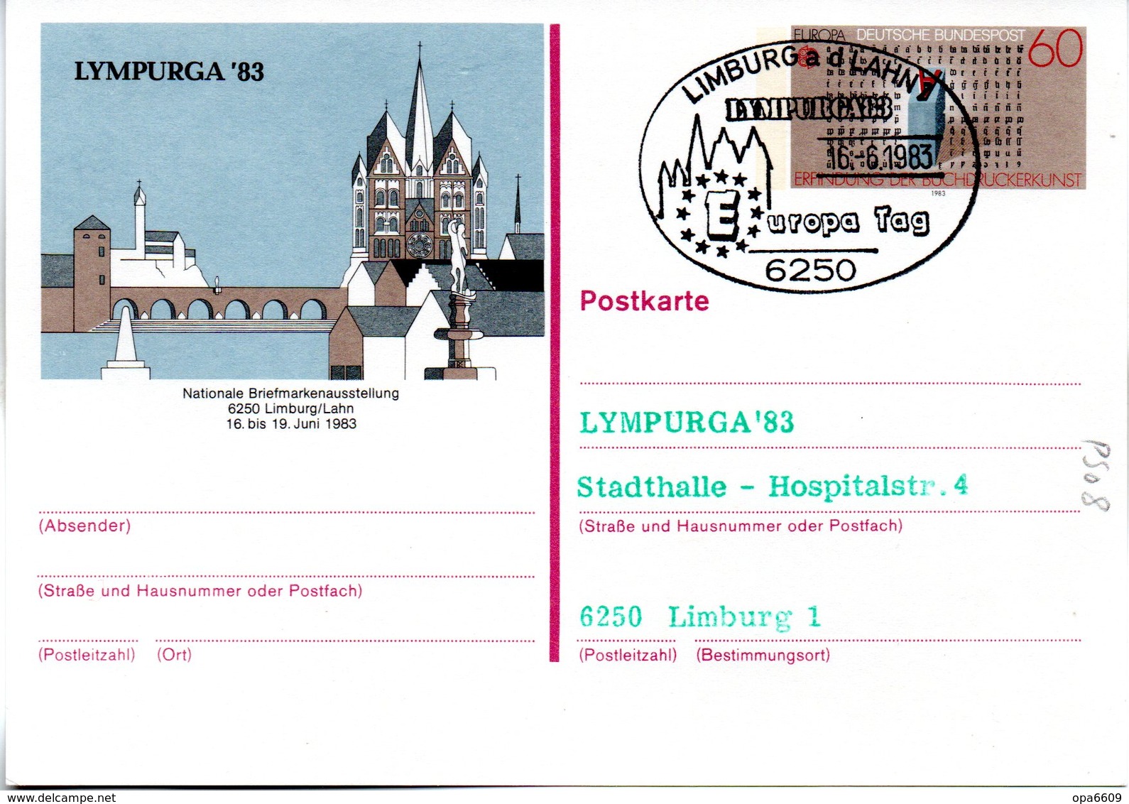 BRD Amtliche GZS-Sonderpostkarte PSo8 "LYMPURGA'83 In Limburg/Lahn" WSt "Europamarke 1983"60(Pf), ESSt 16.6.1986 LIMBURG - Postkarten - Gebraucht