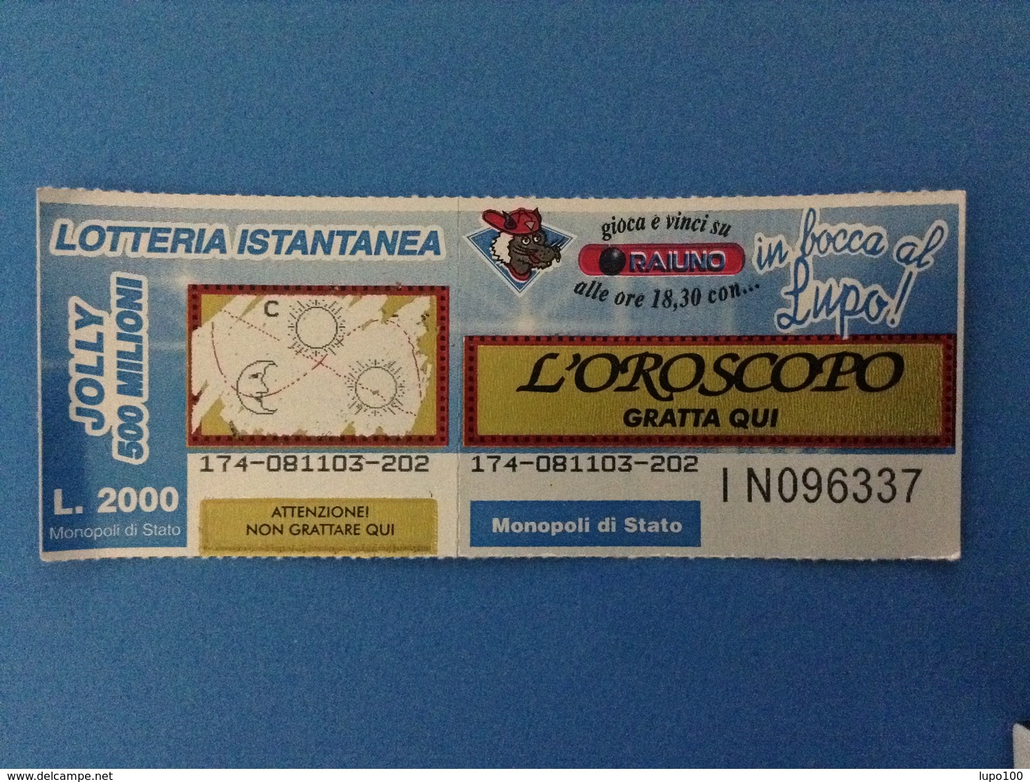 LOTTERIA ISTANTANEA GRATTA E VINCI USATO L. 2000 IN BOCCA AL LUPO RAIUNO - Billetes De Lotería