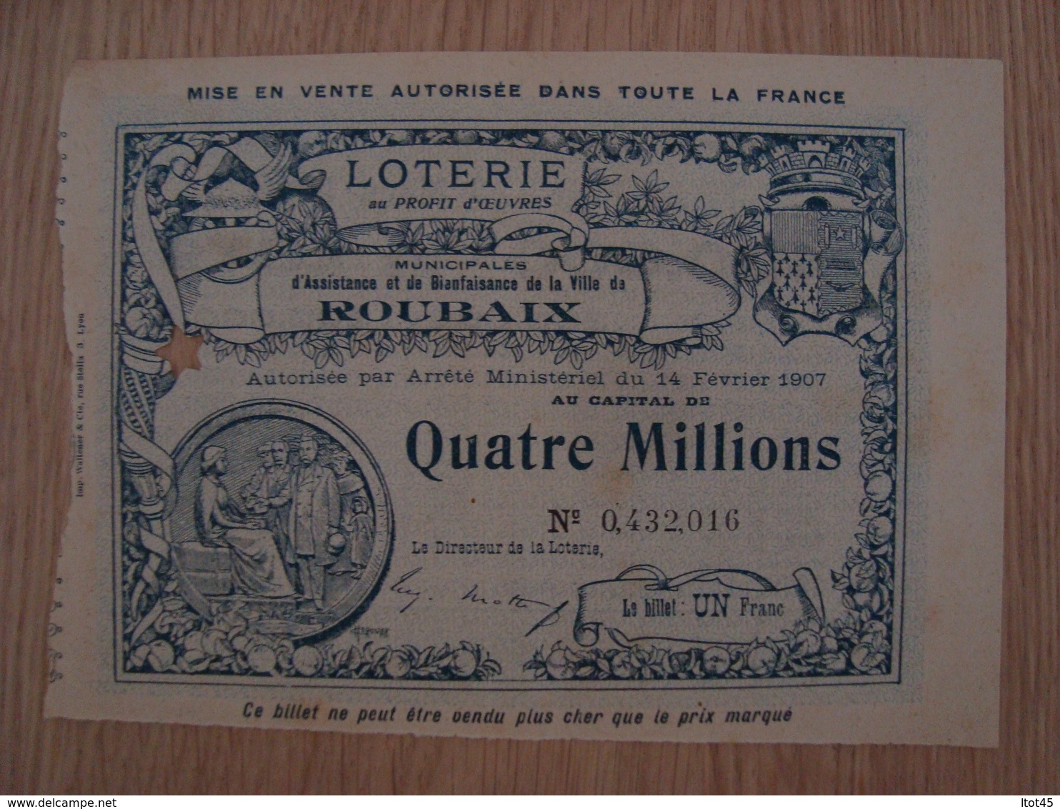 BILLET DE LOTERIE D'ASSISTANCE ET DE BIENFAISANCE DE LA VILLE DE ROUBAIX 1908 - Billets De Loterie