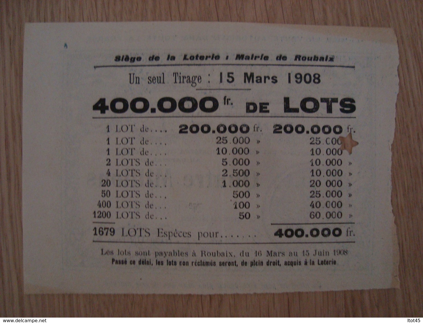 BILLET DE LOTERIE D'ASSISTANCE ET DE BIENFAISANCE DE LA VILLE DE ROUBAIX 1908 - Billets De Loterie