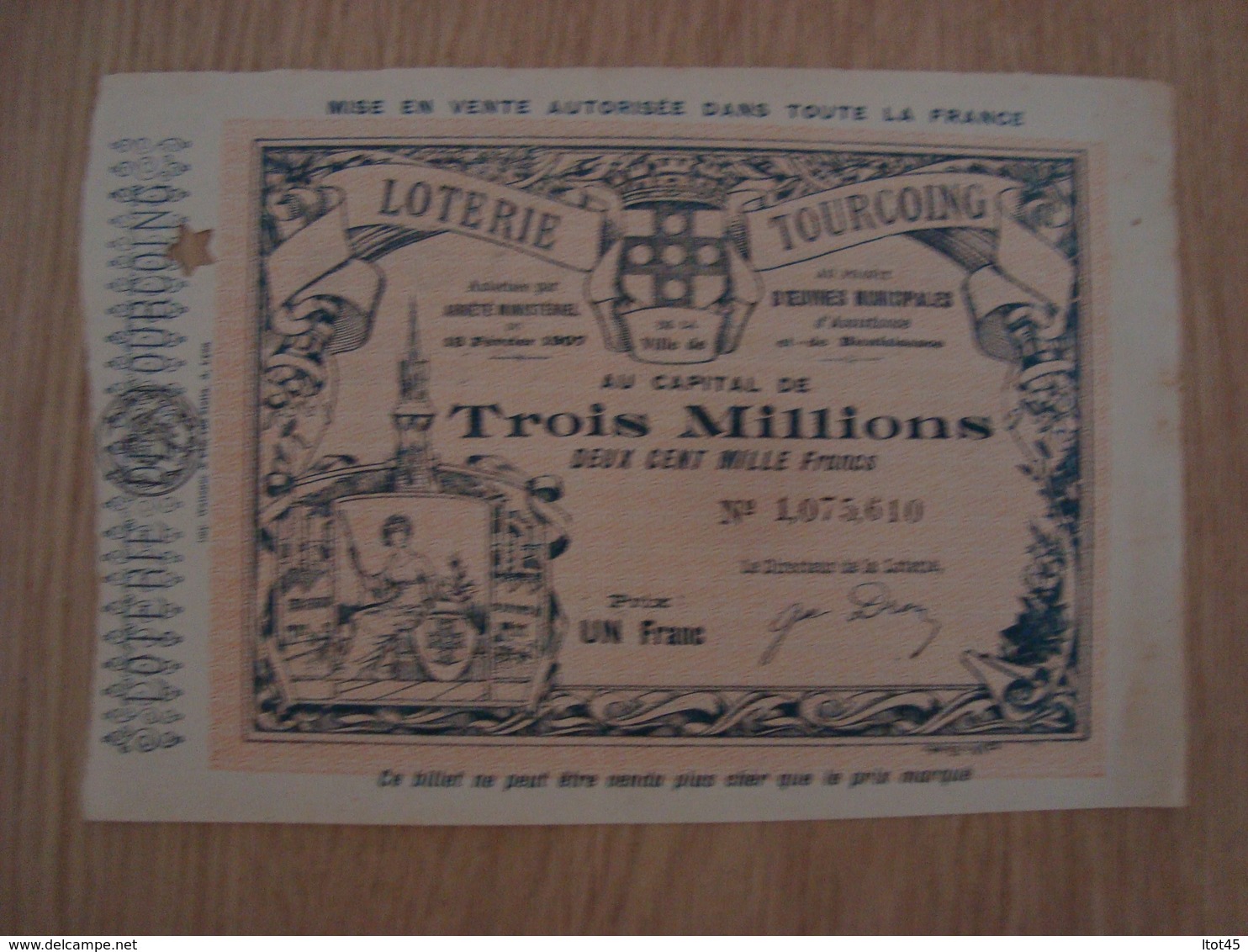 BILLET DE LOTERIE D'ASSISTANCE ET DE BIENFAISANCE DE LA VILLE DE TOURCOING 1908 - Billets De Loterie