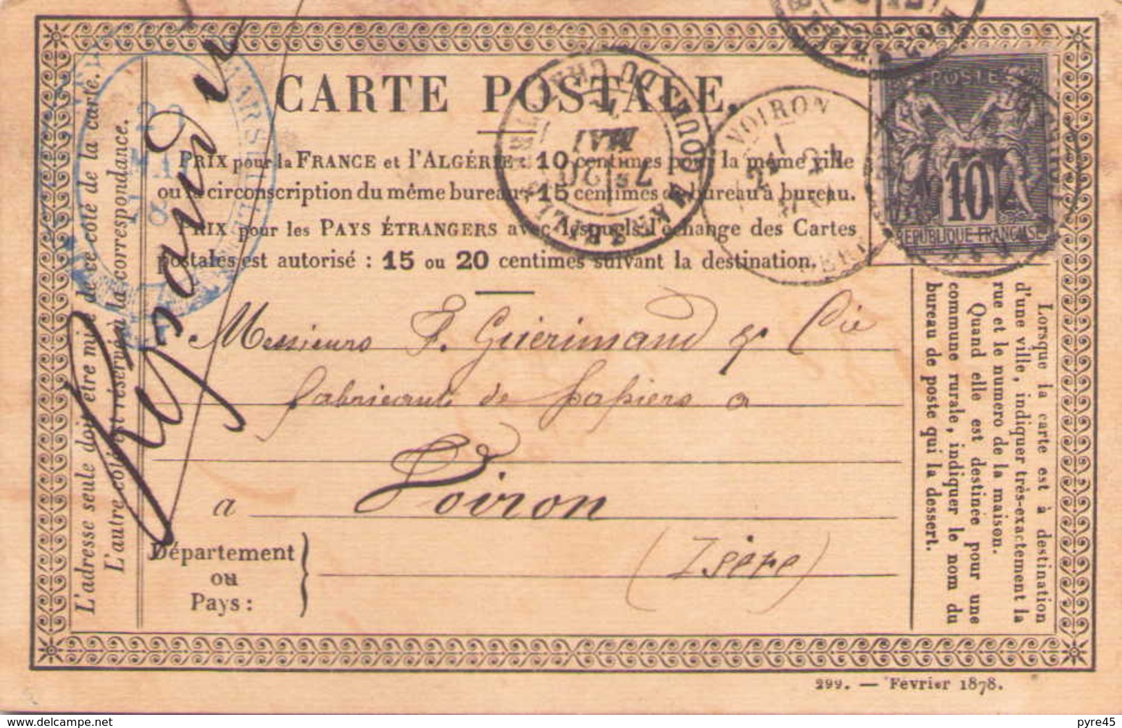 Carte Postale Du 20 Mai 1878 De Marseille Pour Voiron - Autres & Non Classés