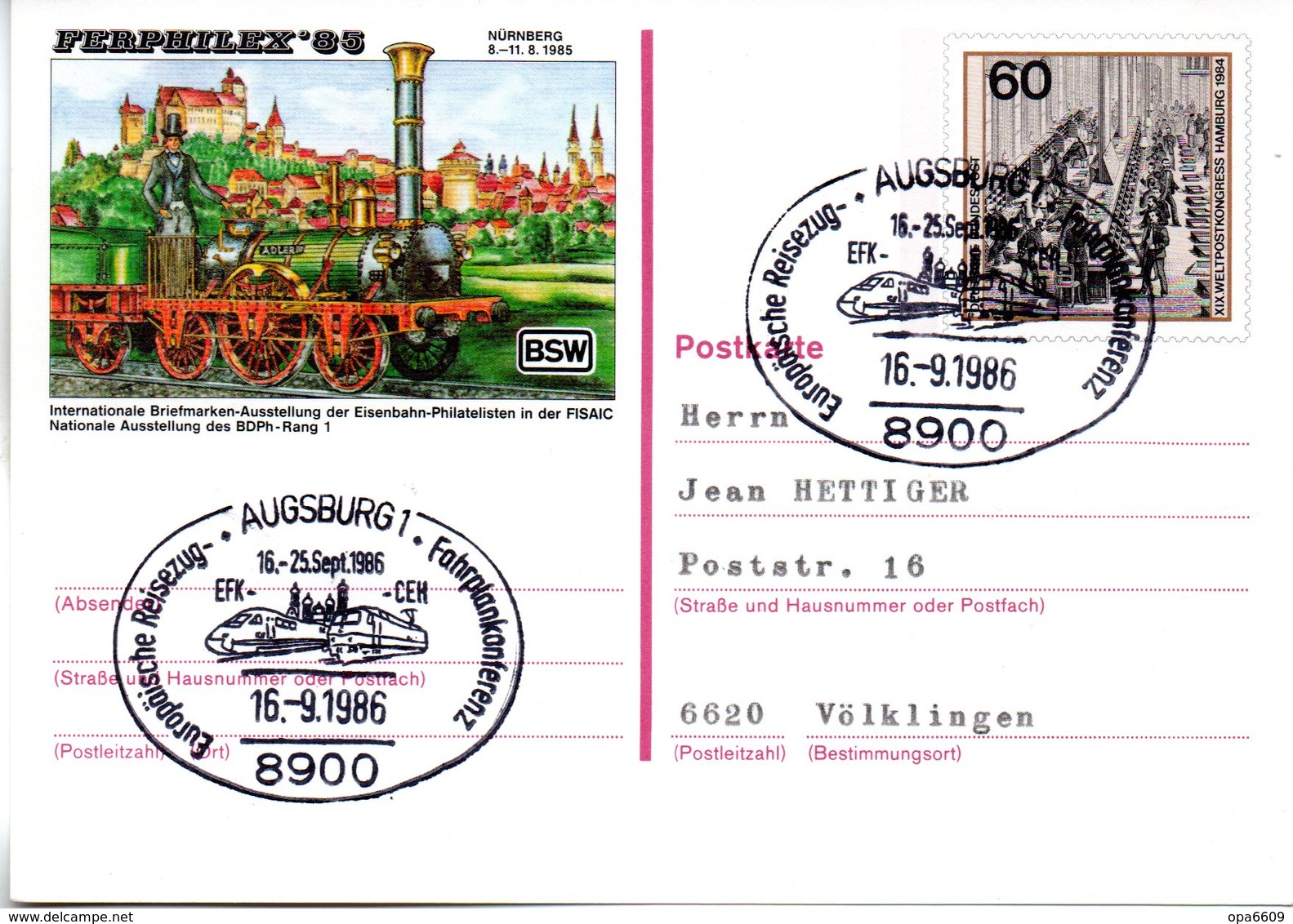 BRD Amtliche GZS-Sonderpostkarte PSo 10 "FERPHILEX'85 In Nürnberg" WSt "XIX. Weltpostkongreß.., SSt 16.9.1985 AUGSBURG - Postkarten - Gebraucht