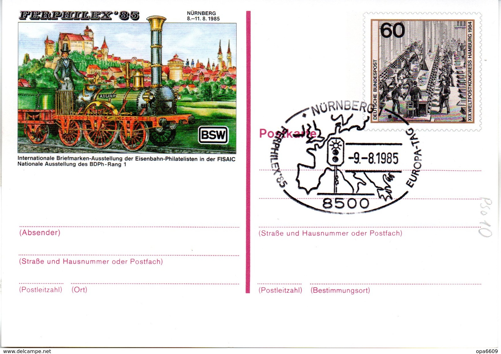 BRD Amtliche GZS-Sonderpostkarte PSo 10 "FERPHILEX'85 In Nürnberg" WSt "XIX. Weltpostkongreß.., SSt 9.8.1985 NÜRNBERG - Postkarten - Gebraucht