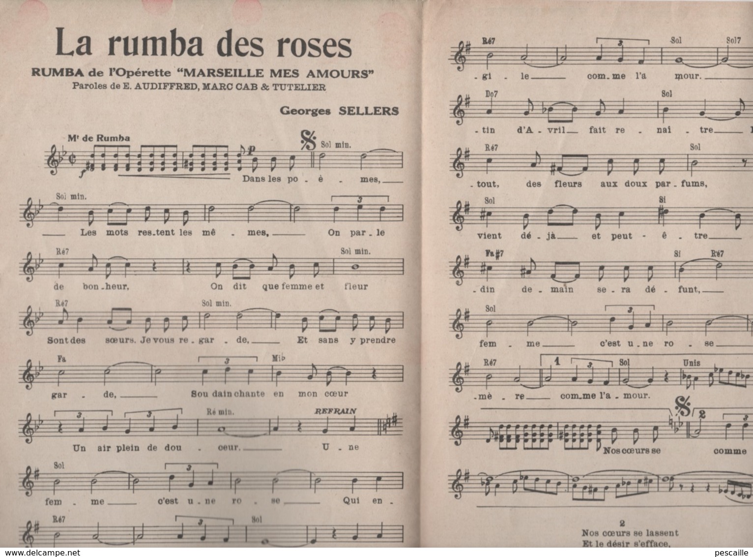 LA RUMBA DES ROSES - RUMBA DE L'OPERETTE MARSEILLE MES AMOURS - TOUT LE MONDE DANSE LA PETOULETTE - 1938 - Partitions Musicales Anciennes