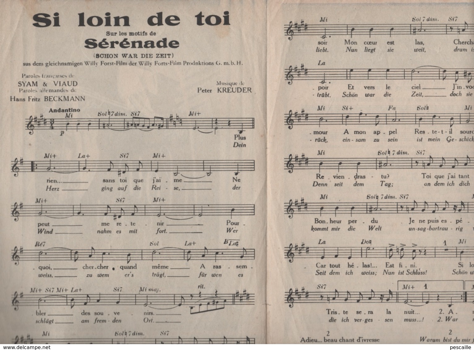 SI LOIN DE TOI - SUR LES MOTIFS DE LA SERENADE DE PETER KREUDER - 1938 / 1942 - FRED HEBERT - SCHON WAR DIE ZEIT - Partitions Musicales Anciennes