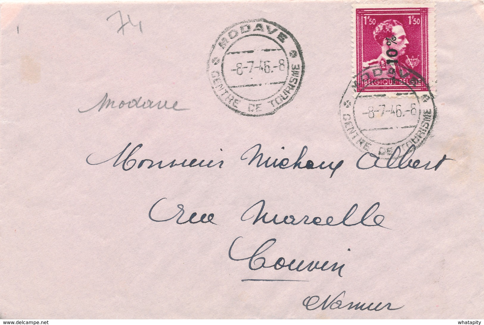 347/27 - Lettre TP Moins 10 % Surcharge Locale MODAVE 1946 - Cachet Touristique - 1946 -10%