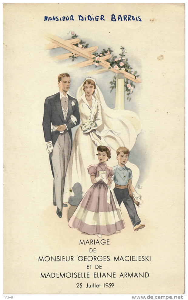 Menu : Mariage, Juillet 1959, Georges Maciejeski, Eliane Armand, Dessins, Mariés, Enfants, 2 Scans - Menus