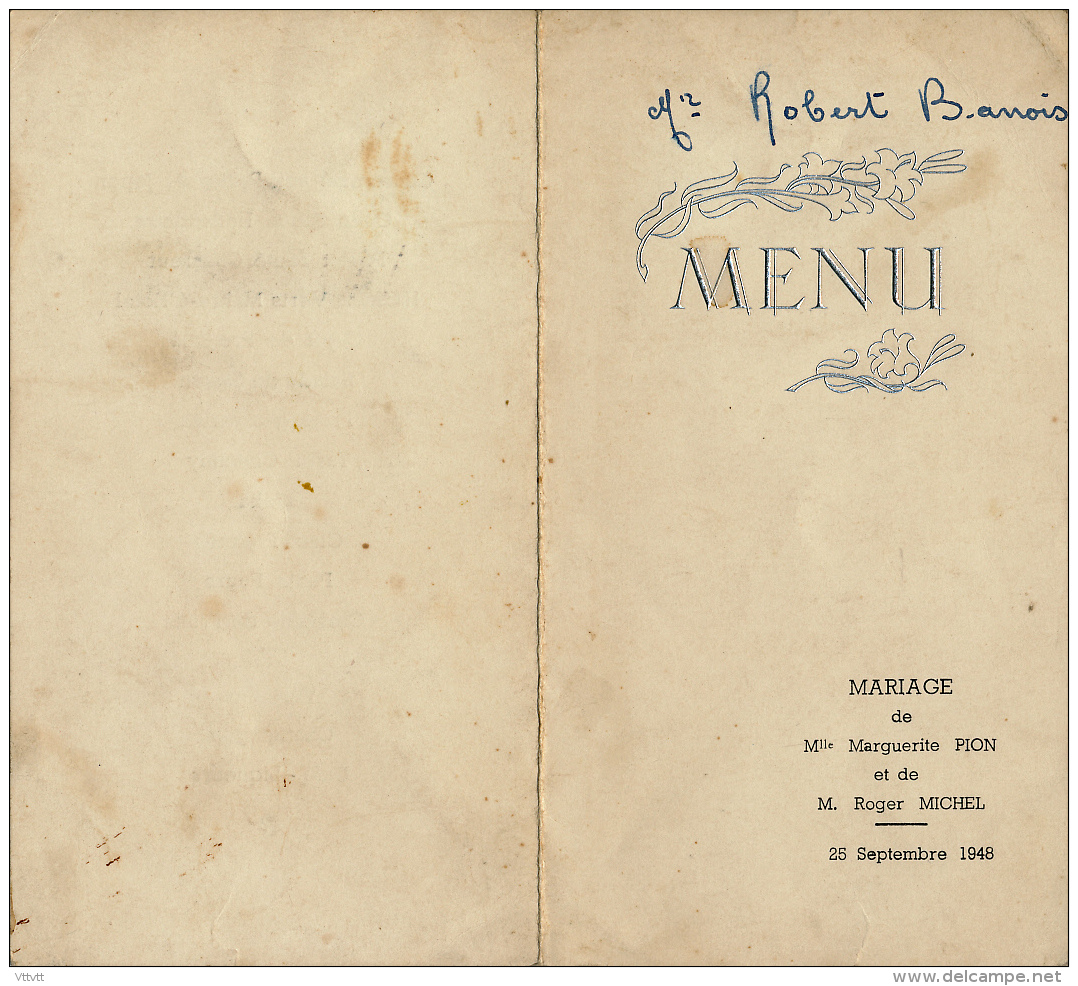 Menu : Mariage, Septembre 1948, Marguerite Pion, Roger Michel, 2 Scans - Menus