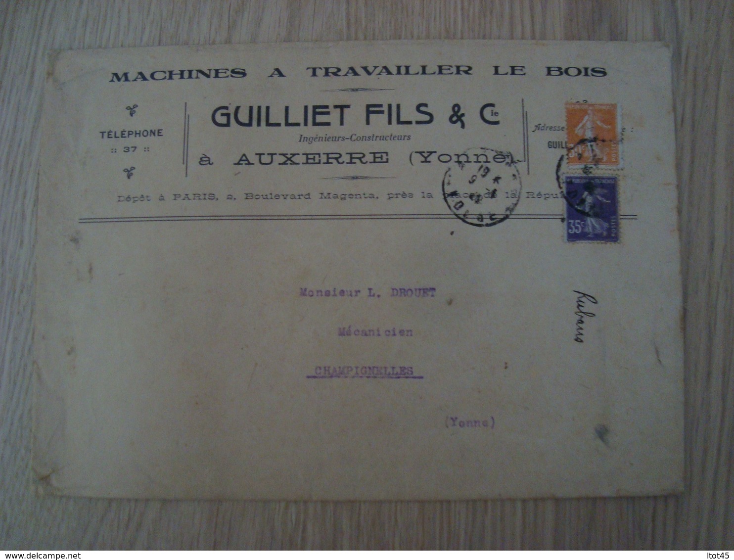 ENVELOPPE GUILLIET FILS & Cie MACHINES A TRAVAILLER LE BOIS AUXERRE - 1921-1960: Période Moderne