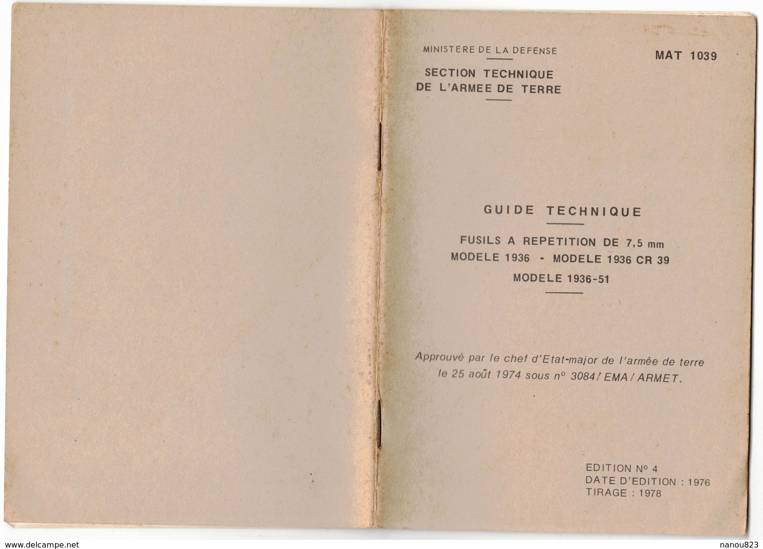 MILITARIA GUIDE TECHNIQUE FUSILS A REPETITION DE 7,5 Mm MODELE 1036 / 1936 CR 39 / 1936 51 - Ed N° 4 Année 1976 Fusil - Armes Neutralisées