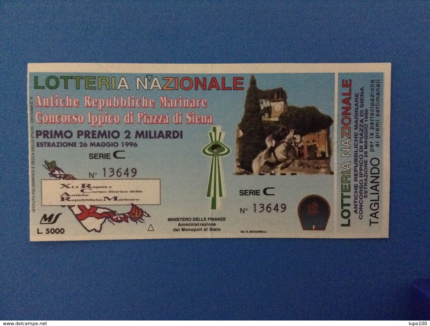 1996 BIGLIETTO LOTTERIA NAZIONALE ANTICHE REPUBBLICHE MARINARE CONCORSO IPPICO PIAZZA DI SIENA - Lottery Tickets