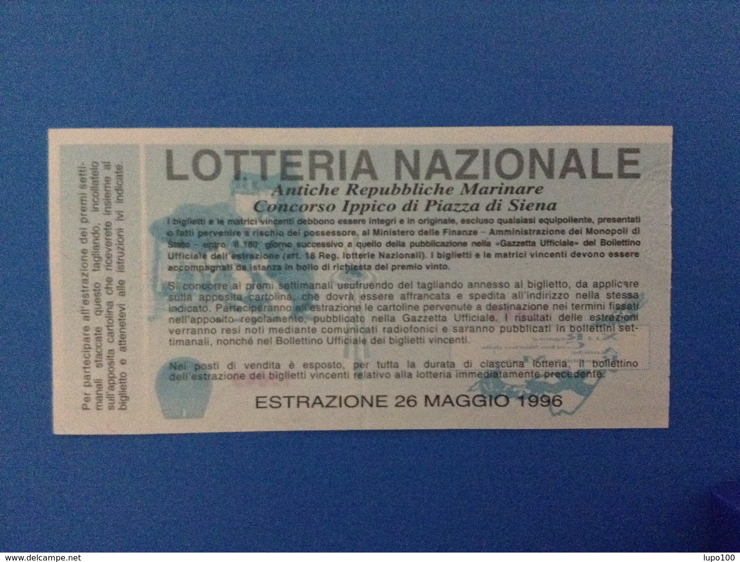 1996 BIGLIETTO LOTTERIA NAZIONALE ANTICHE REPUBBLICHE MARINARE CONCORSO IPPICO PIAZZA DI SIENA - Loterijbiljetten