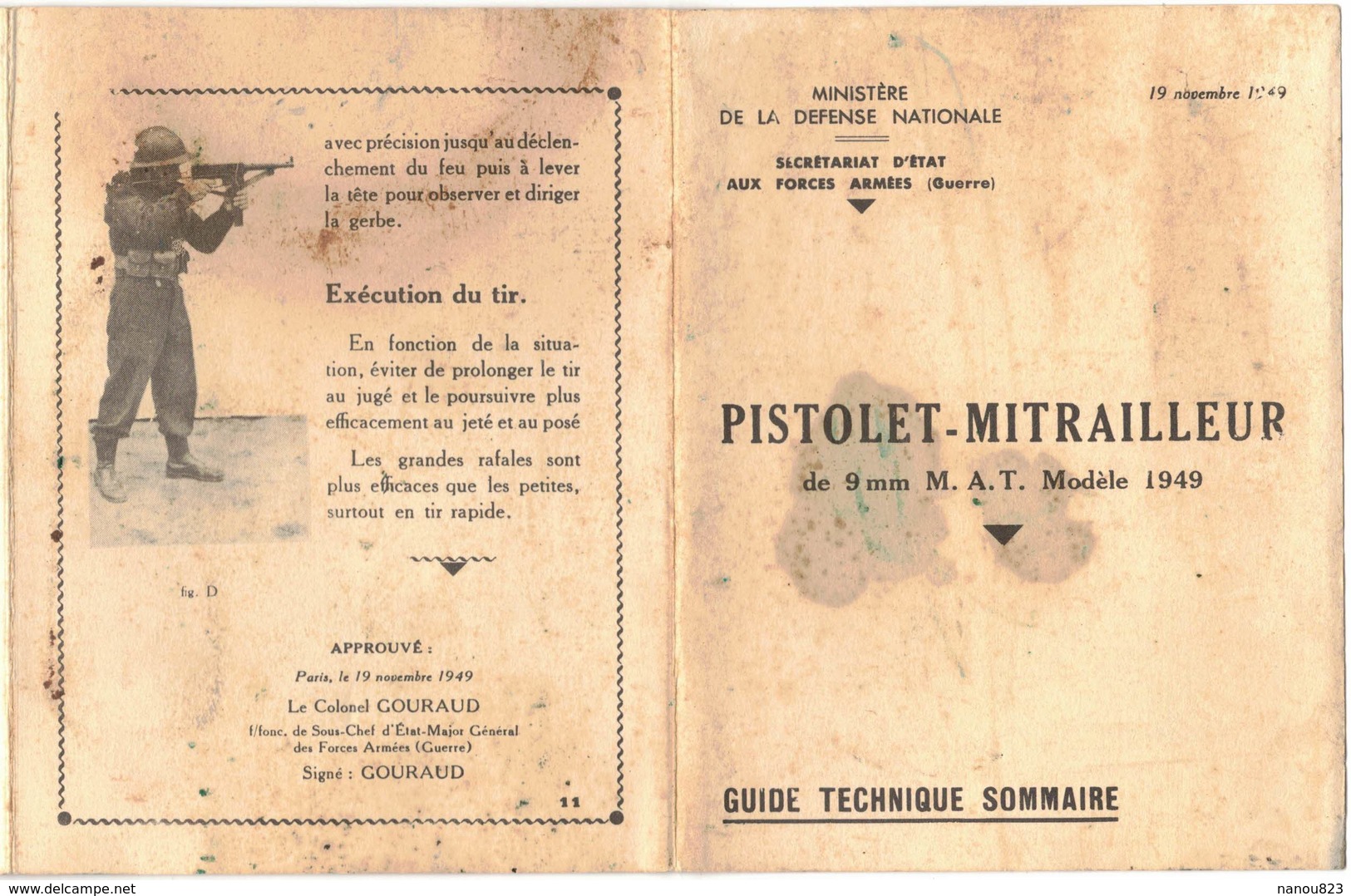 MILITARIA GUIDE DEPLIANT TECHNIQUE SOMMAIRE Du PISTOLET MITRAILLEUR De 9 Mm Modèle 1949 M A T - Ed  Du 19 Novembre 1949 - Armes Neutralisées