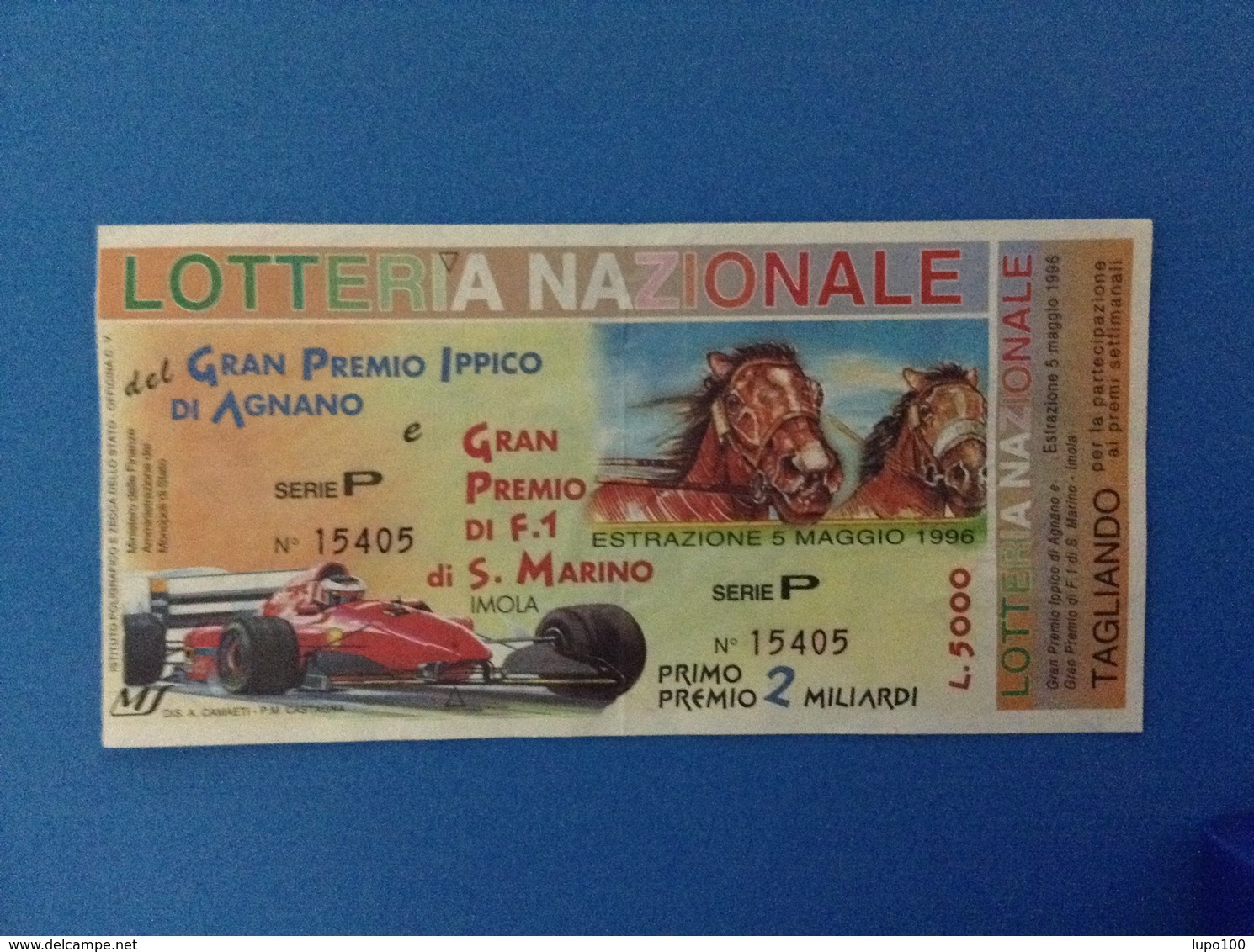 1996 BIGLIETTO LOTTERIA NAZIONALE GRAN PREMIO IPPICO AGNANO E F1 S. MARINO IMOLA - Loterijbiljetten