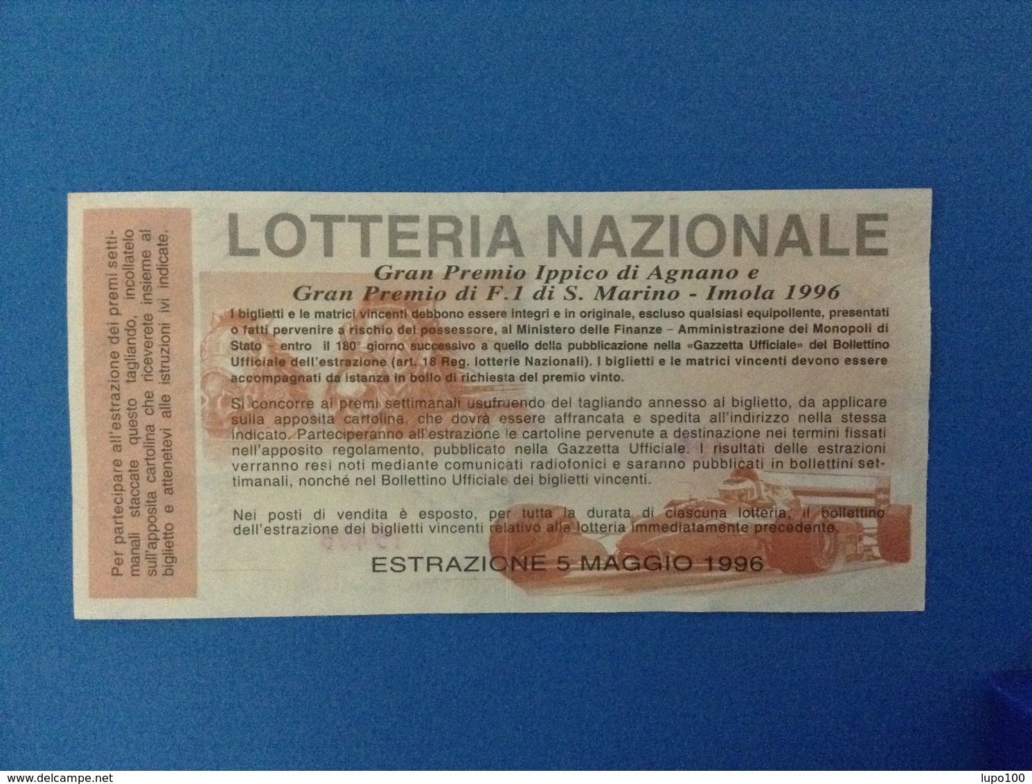 1996 BIGLIETTO LOTTERIA NAZIONALE GRAN PREMIO IPPICO AGNANO E F1 S. MARINO IMOLA - Loterijbiljetten