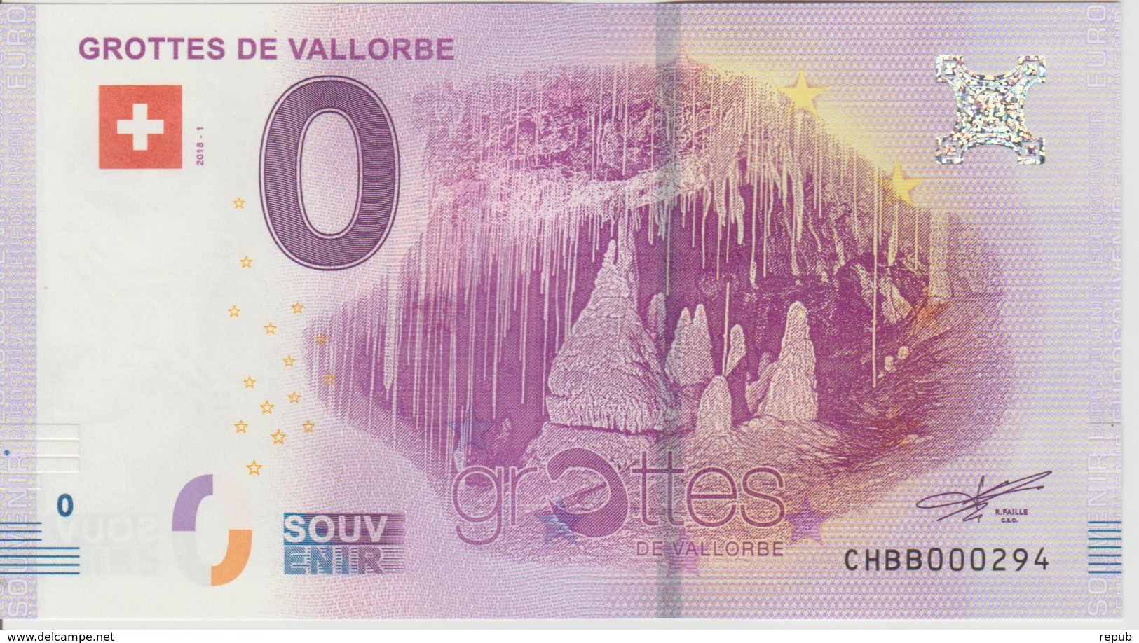 Billet Touristique 0 Euro Souvenir Suisse Grottes De Vallorbe 2018-1 N°CHBB000294 - Essais Privés / Non-officiels