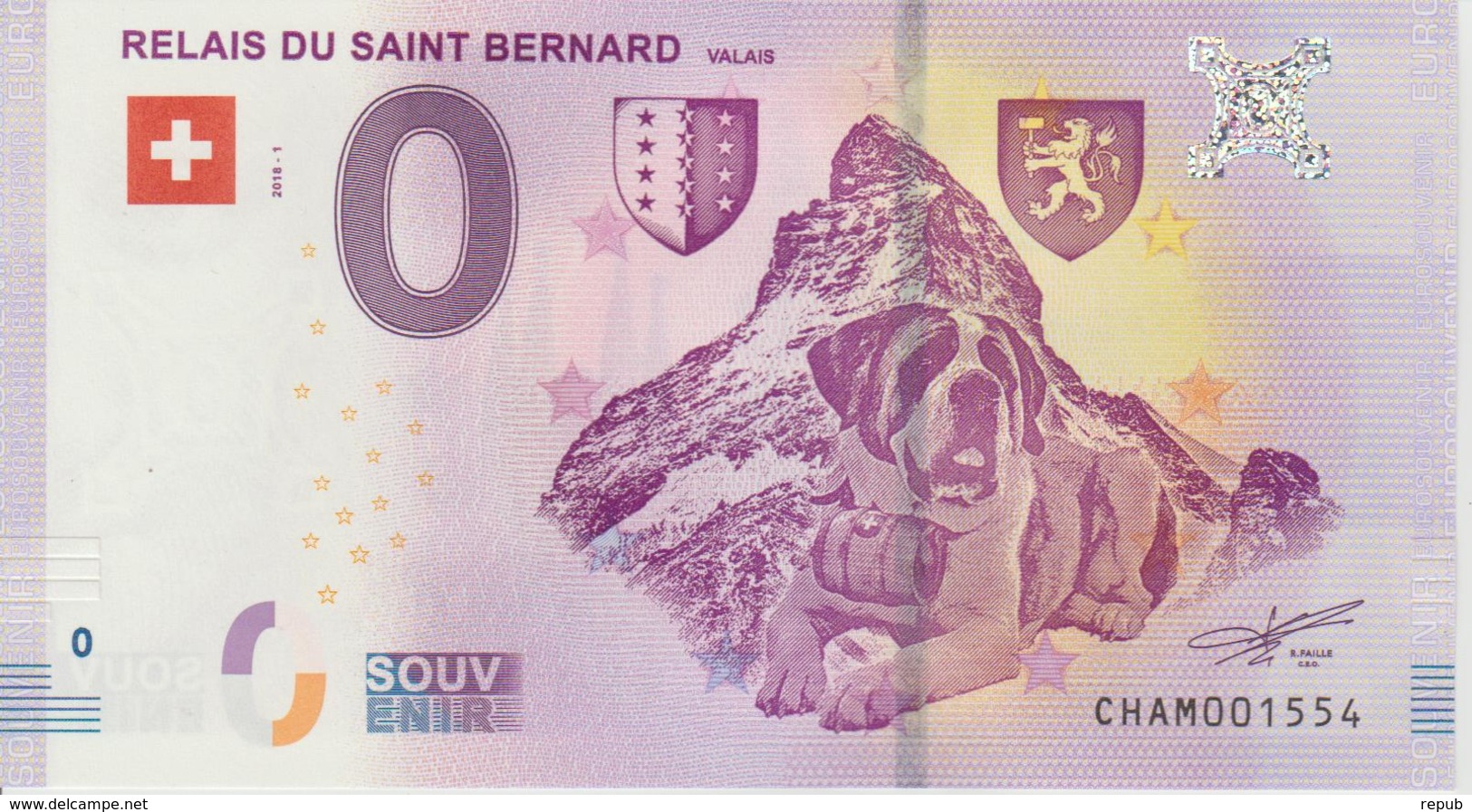 Billet Touristique 0 Euro Souvenir Suisse Relais Du Saint Bernard 2018-1 N°CHAM001554 - Prove Private