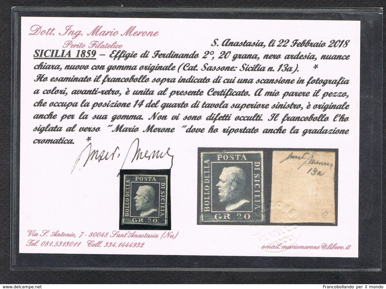 1859 OLD STATE ITALY SICILY 20 GRANA NOT USED OG CERTIFIED LUX STAMPS SASSONE 13 A POSITION PLATE 14 CATALOGUE € 14.000 - Sicile