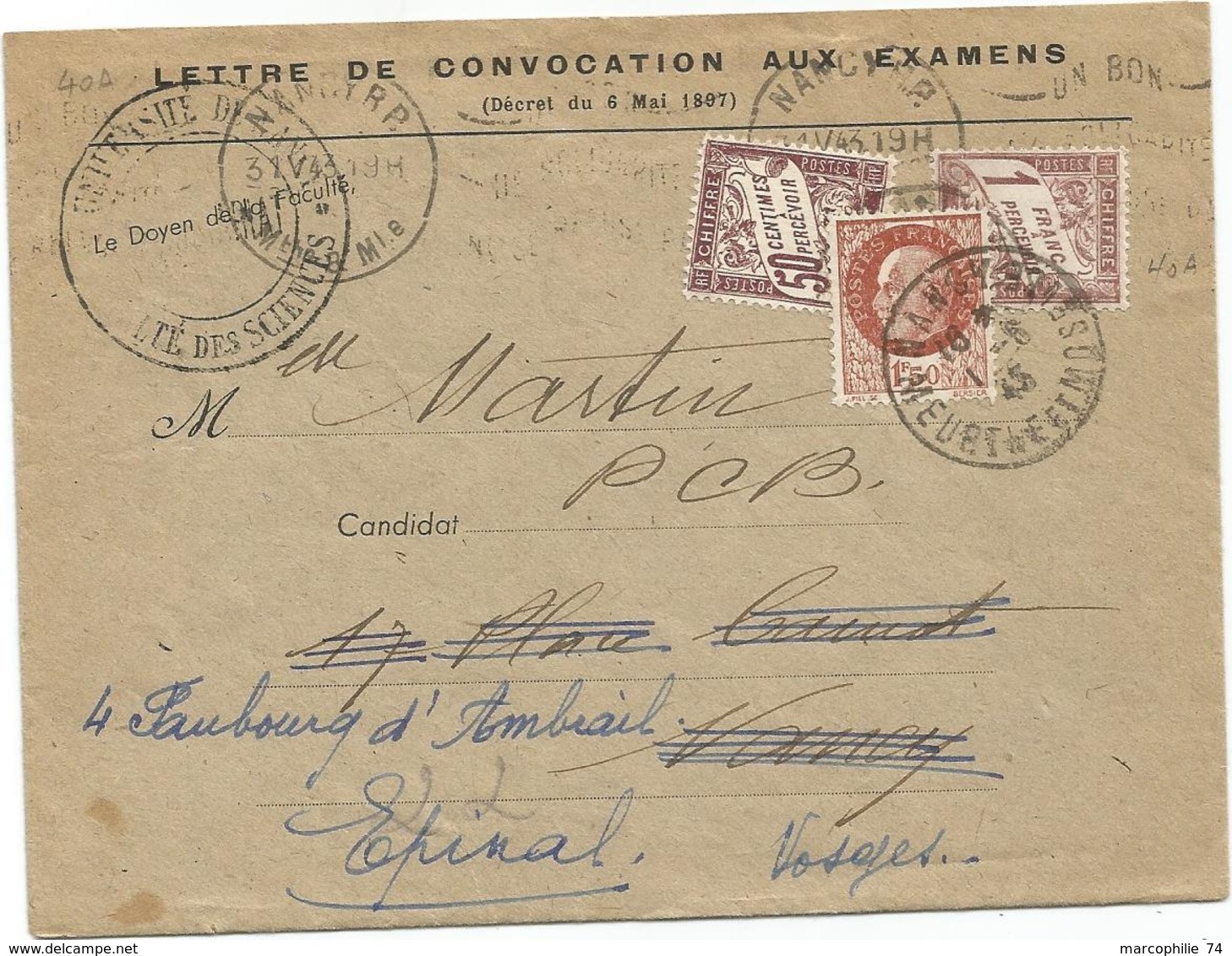 LETTRE SIMPLE TAXE 50C+1FR NANCY 1943 REEXPEDIEE DE NANCY 1FR50 PETAIN POUR VOSGES - 1941-42 Pétain