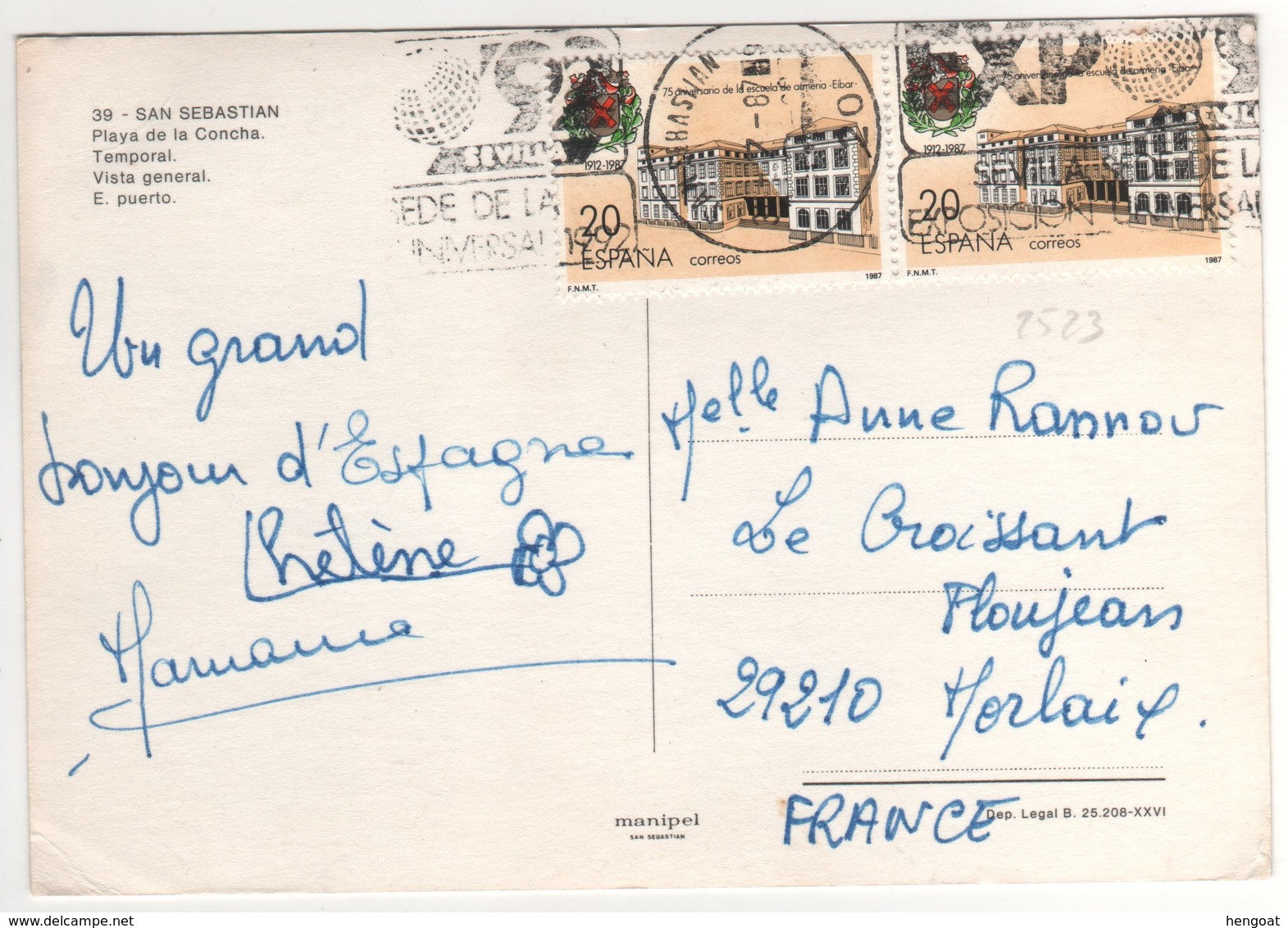 Beaux Timbres , Stamps  Yvert N+ 2523 Sur Cp , Carte , Postcard Du 31/07/1987 ?? Pour La France - Cartas & Documentos