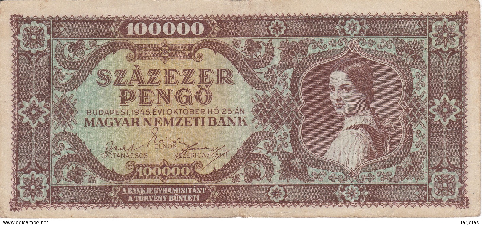 BILLETE DE HUNGRIA DE 100000 PENGO DEL AÑO 1945 (BANKNOTE) - Hungría