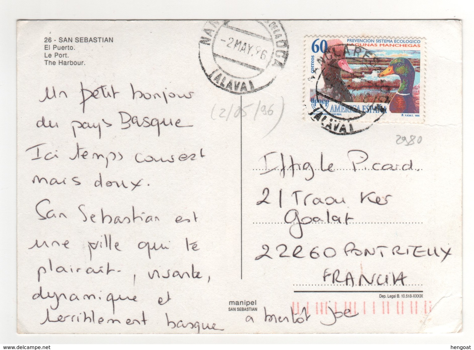 Beau Timbre , Stamp  Yvert N+ 2980 Sur Cp , Carte , Postcard Du 02/05/1996 Pour La France - Lettres & Documents