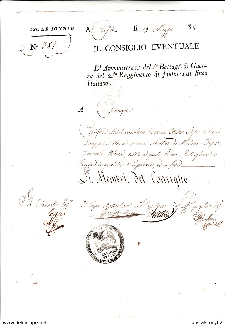 Le Armate Francesi In Italia , Regno D'Italia, Isole Ionie,Corfù. Certificato Di Presenza Nel I° Battaglione 1811 - Manuscrits